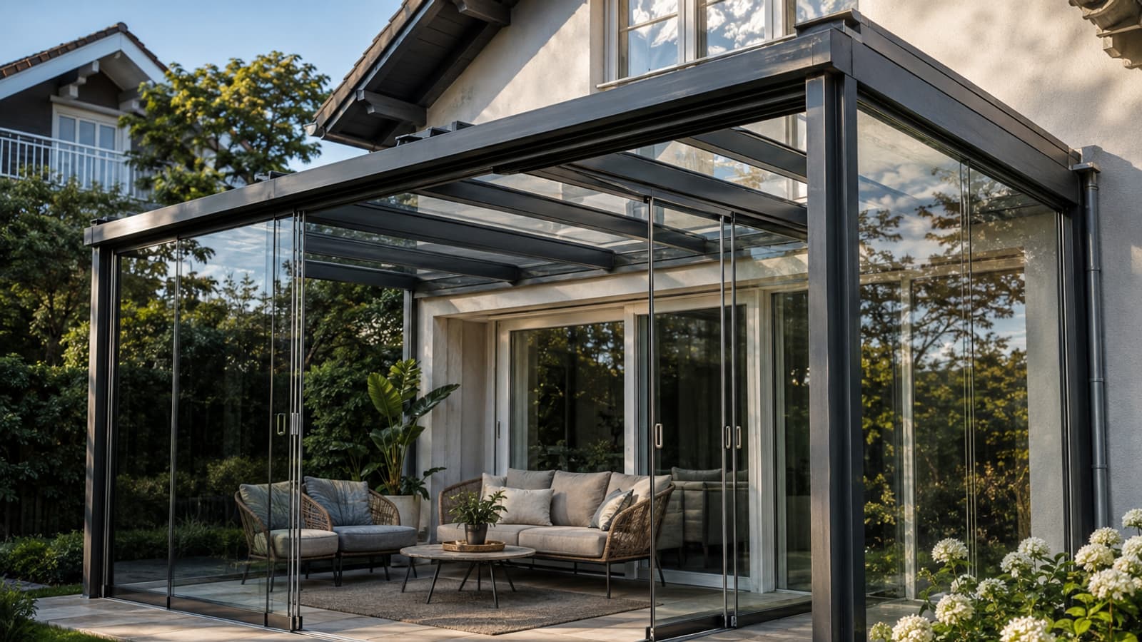 Verglaste Terrassenüberdachung über einer Gartenterrasse mit Blick ins Grüne